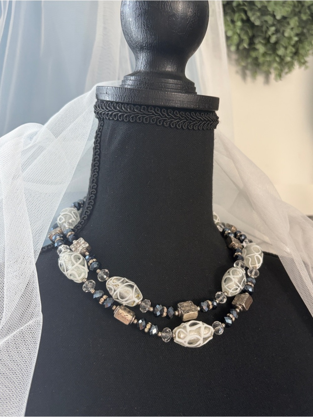 Handcrafted White ,Blue/Black Beaded Statement Necklace